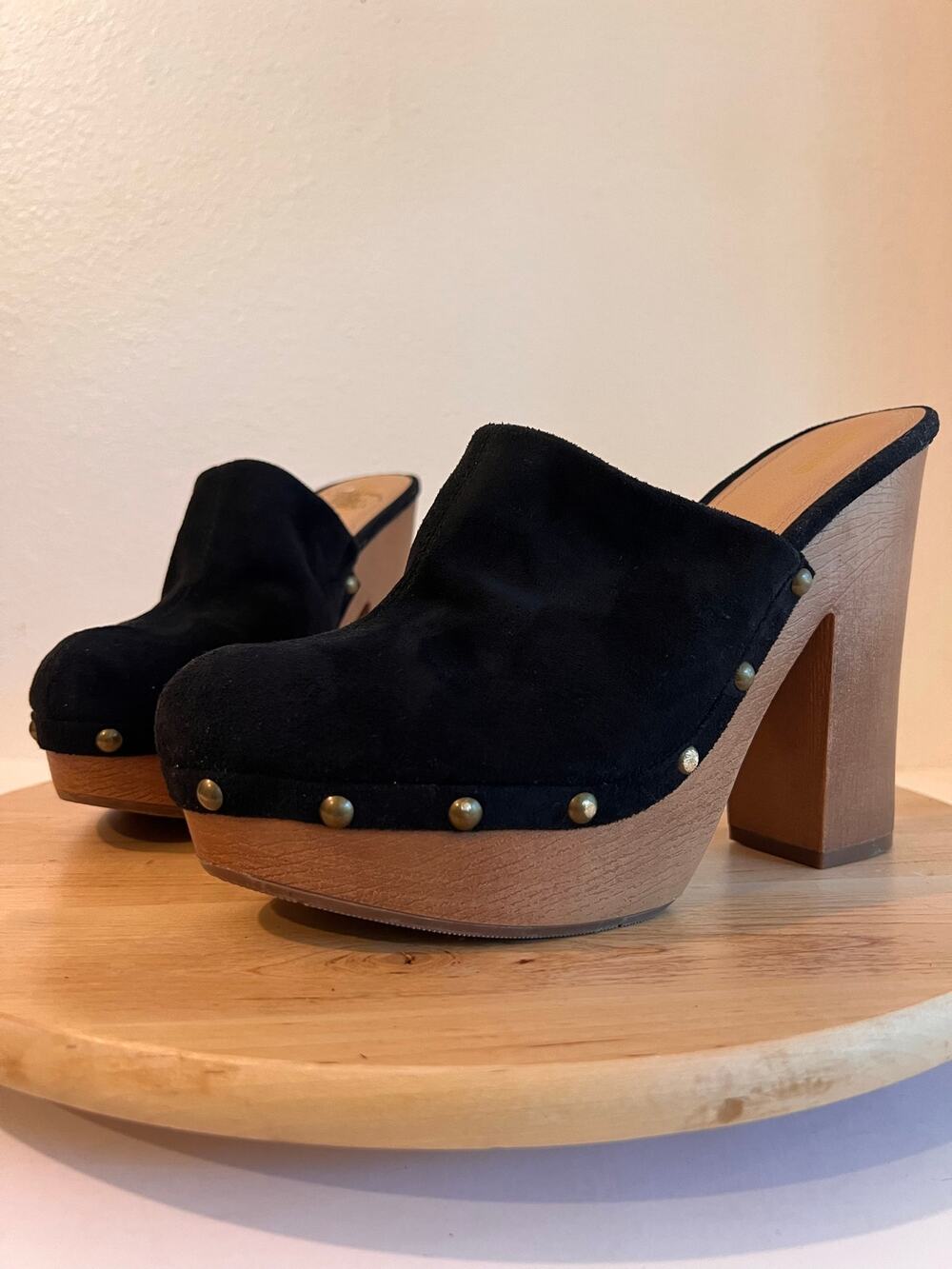 Y2K Black Velvety Gold Studded Wooden Chunky Platform Clog Size 9.5 Mossimo